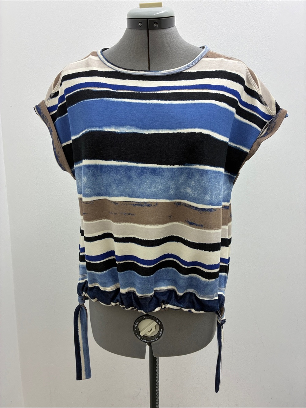 Westbound Blue, Black and Tan Striped Drawstring Crop Top